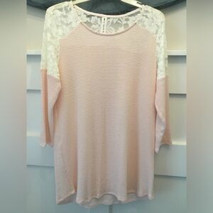 Vanilla Bay Pale Pink Waffle Knit Top with White Lace Shoulders